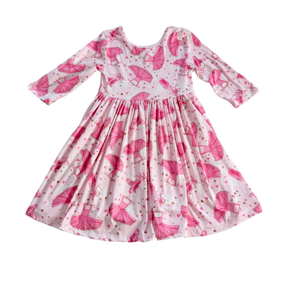 Mila & Rose Skater Dress Kids 4T Pink Ballerina Tutu Glitter Twirl 3/4 Sleeve